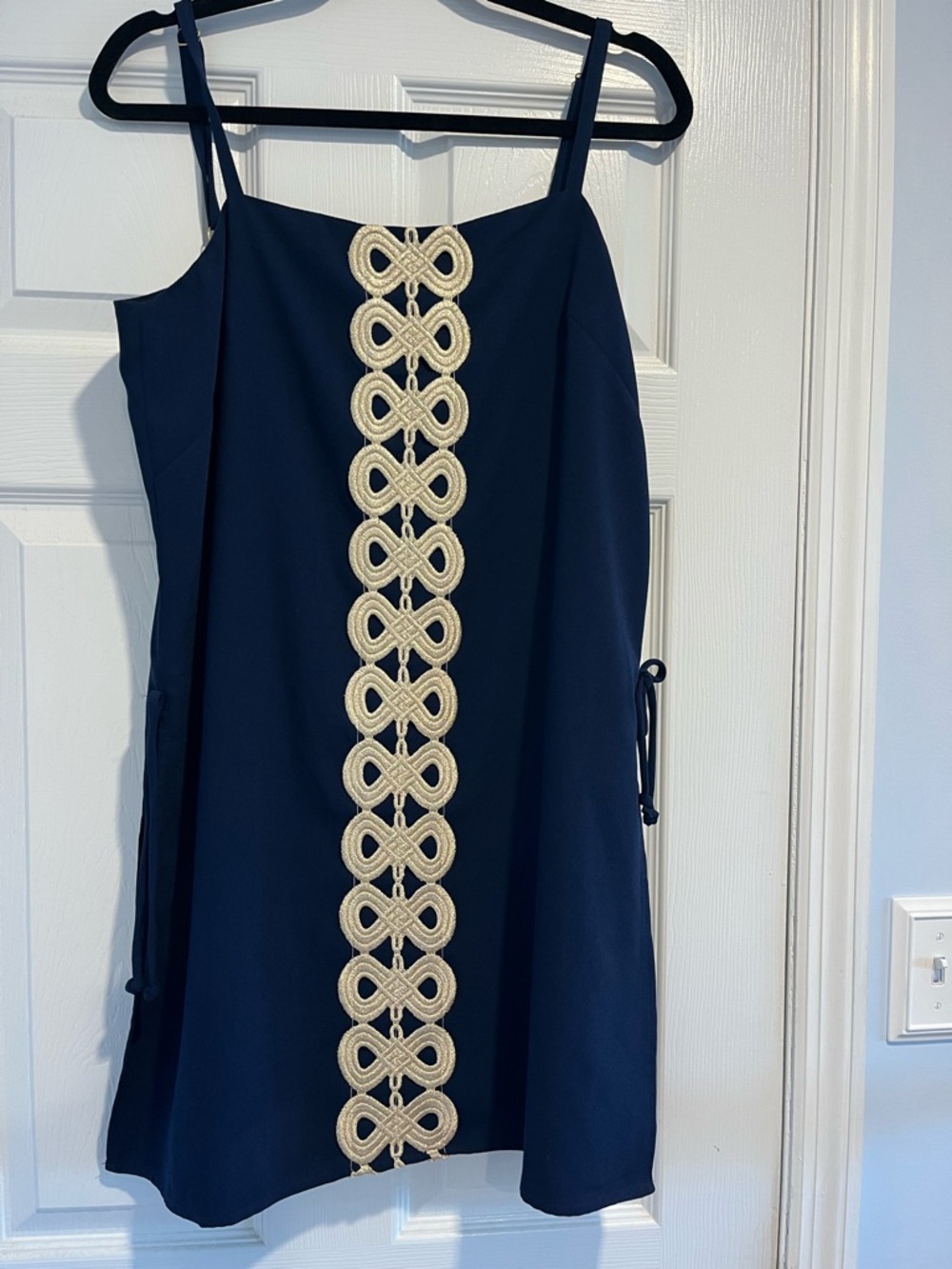 Lilly Sanar romper Navy Dress shirts w/gold Crochet Trim NWT
